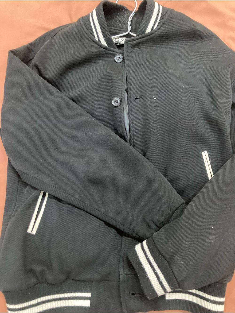 Classic Black Varsity Bomber Jacket with White Stripe Accents